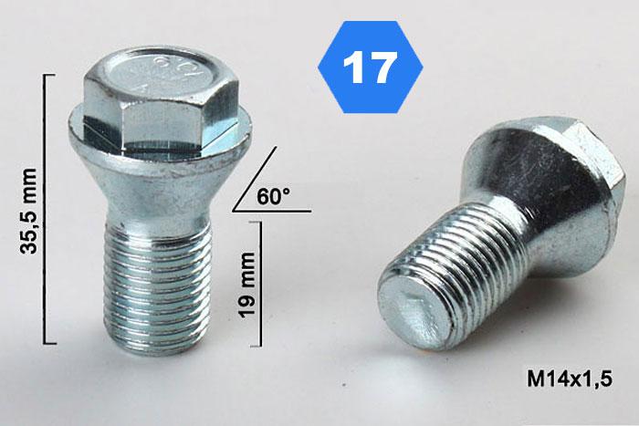 M14x1,5 Wielbout conisch lage kop, Draadlengte 19mm, SW 17
